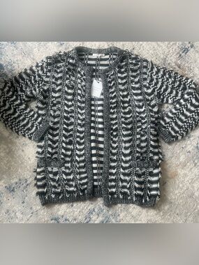 Endless Rose Black & White Textured Open-Front Cardigan